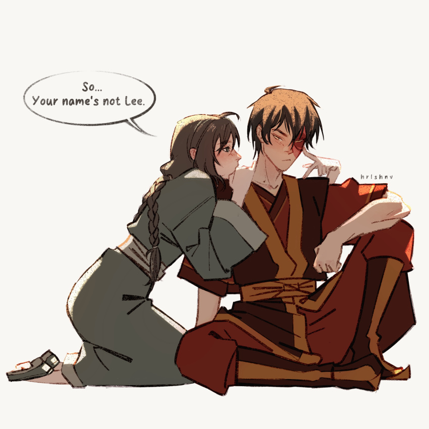 1boy, 1girl, artist_name, avatar:_the_last_airbender, avatar_legends, blush, braid, brown_eyes