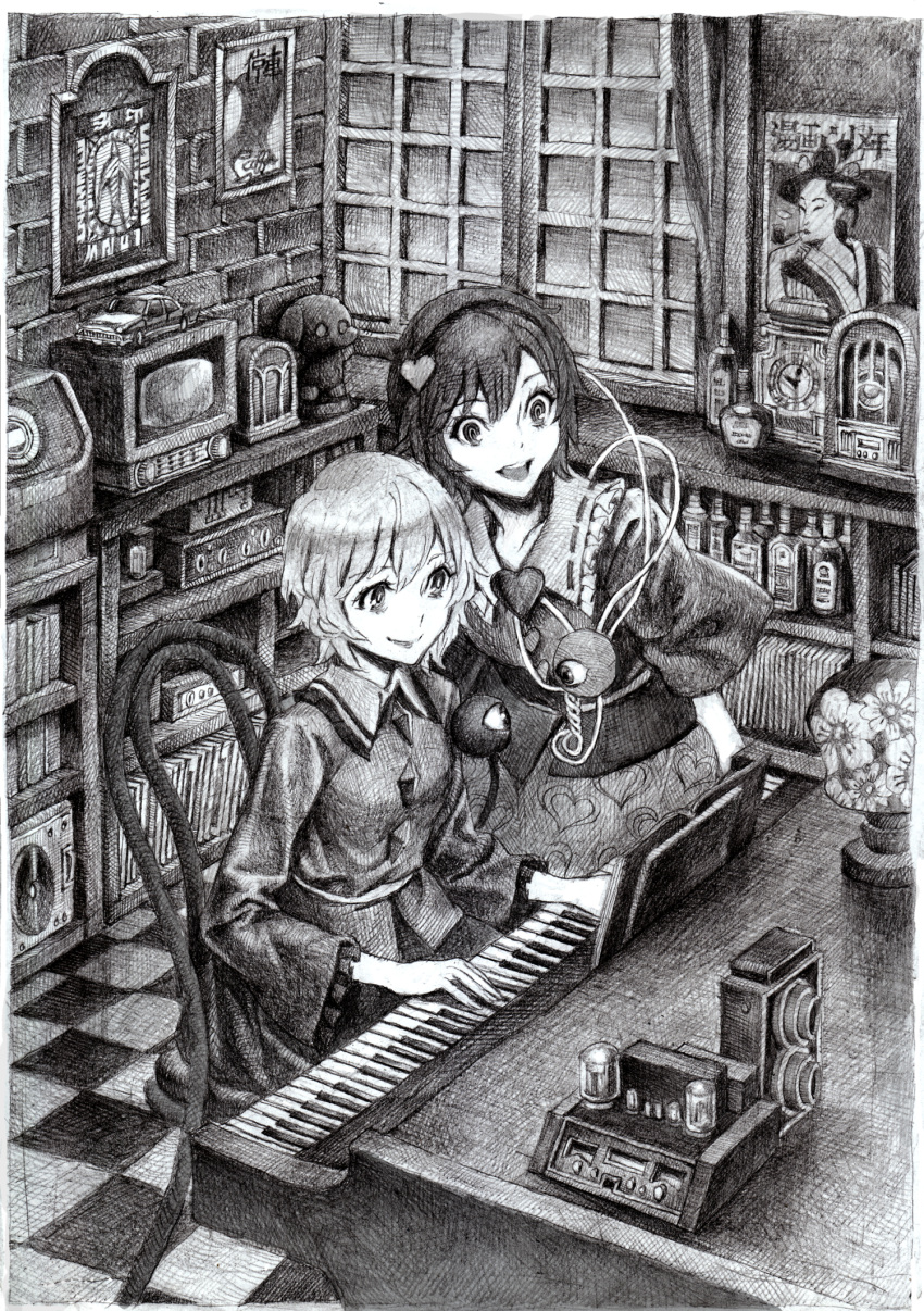 bottle, chair, clock, eyelashes, graphite_(medium), hairband, highres, instrument, komeiji_koishi, komeiji_satori, monochrome, multiple_girls, no_hat, no_headwear, nobita, piano, room, siblings, sisters, smile, third_eye, touhou, traditional_media, vacuum_tube