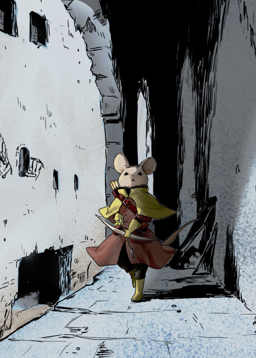 1girl, absurdres, animal_ears, arrow_(projectile), black_pants, boots, bow_(weapon), brown_coat, capelet, churafi, coat, collared_capelet, commentary, furry, furry_female, gloves, green_capelet, green_footwear, green_gloves, highres, holding, holding_arrow, holding_bow_(weapon), holding_weapon, iidalaw, mouse_ears, mouse_girl, mouse_tail, pants, quiver, ruins, solo, stone_floor, stone_pillar, stone_wall, tail, tower_dungeon, walking, weapon, white_fur