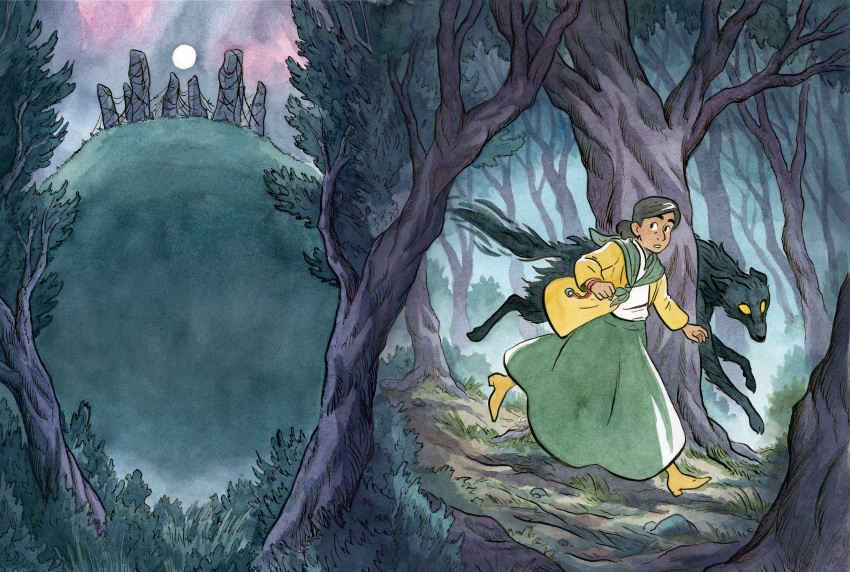 1girl, absurdres, adder_stone, bracelet, brown_hair, coat, commentary, cover_image, english_commentary, ethan_m._aldridge, forest, full_moon, grass, green_shawl, green_skirt, hair_bun, highres, hill, jewelry, looking_to_the_side, medium_hair, moon, nature, night, original, outdoors, parted_lips, rock, ruins, running, scenery, shirt, silk, single_hair_bun, skirt, solo, spider_web, stone_megalith, stone_pillar, stonehenge, textless_version, tree, white_shirt, wolf, yellow_coat, yellow_eyes, yellow_footwear