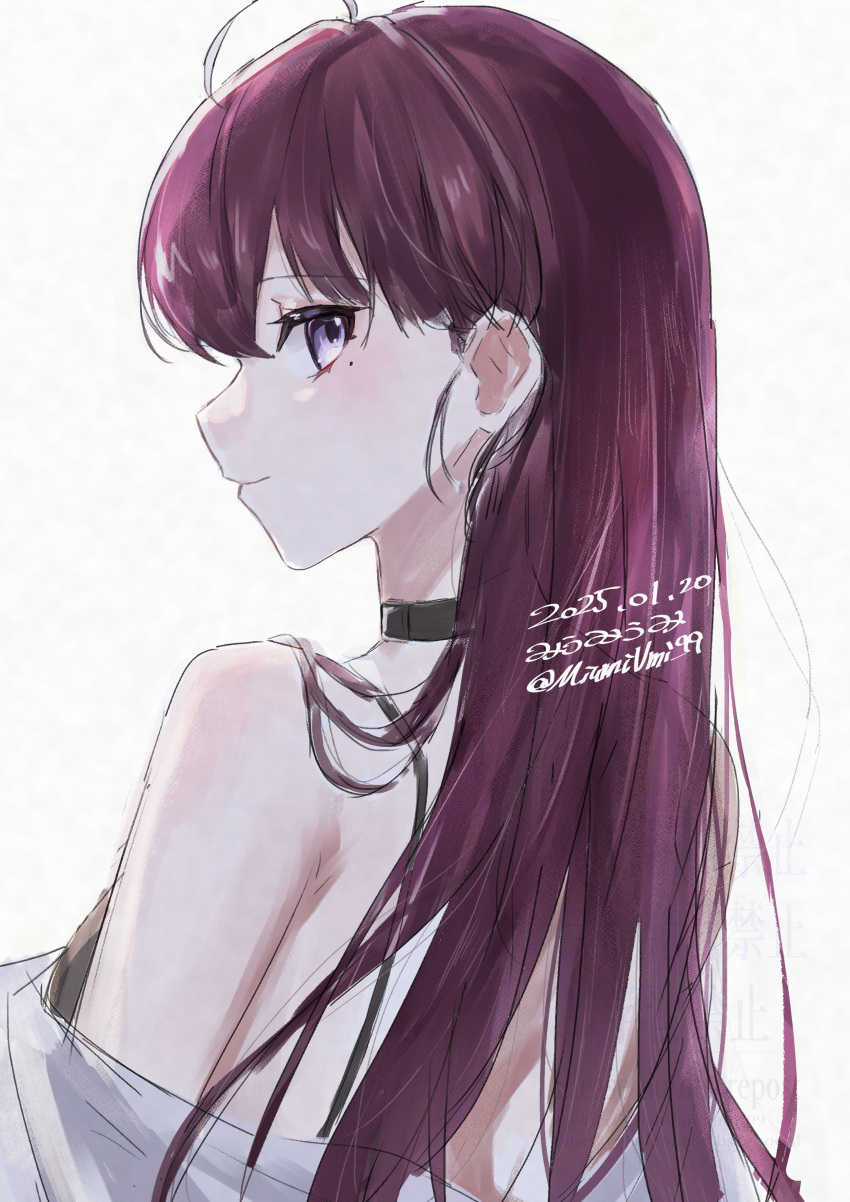 1girl, absurdres, ahoge, alternate_hairstyle, brown_hair, choker, dated, dolla_(nikke)