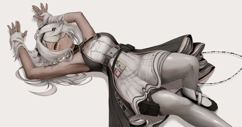 1girl, armpits, black_dress, breasts, brown_eyes, commentary, dark-skinned_female, dark_skin, dress, english_commentary, eyepatch, girls_frontline, grey_hair, hands_in_own_hair, highres, hs.50_(girls'_frontline), kainines, long_hair, looking_at_viewer, lying, on_back, pantyhose, parted_lips, pouch, simple_background, smile, solo, thigh_pouch, twintails, two-tone_dress, white_background, white_dress, white_pantyhose