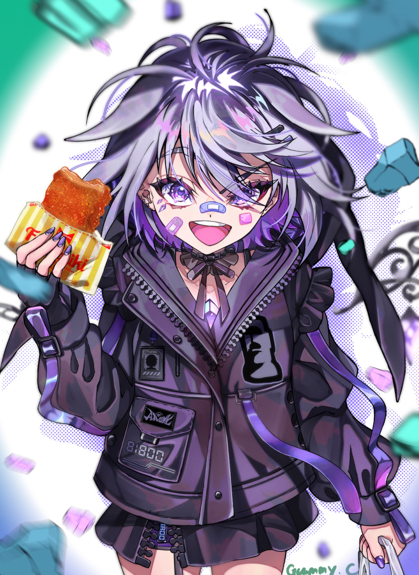 1girl, :d, absurdres, artist_name, bandaid, bandaid_on_cheek, bandaid_on_face, bandaid_on_nose, black_jacket, black_ribbon, black_skirt, character_name, commentary, cowboy_shot, dot_nose, eyes_visible_through_hair, food, food_request, gummy_candy_93, hand_up, highres, holding, holding_food, hololive, hololive_english, jacket, koseki_bijou, koseki_bijou_(3rd_costume), long_sleeves, looking_at_viewer, miniskirt, neck_ribbon, official_alternate_costume, official_alternate_hairstyle, open_mouth, purple_hair, ribbon, short_hair, skirt, smile, solo, teeth, upper_teeth_only, violet_eyes, virtual_youtuber