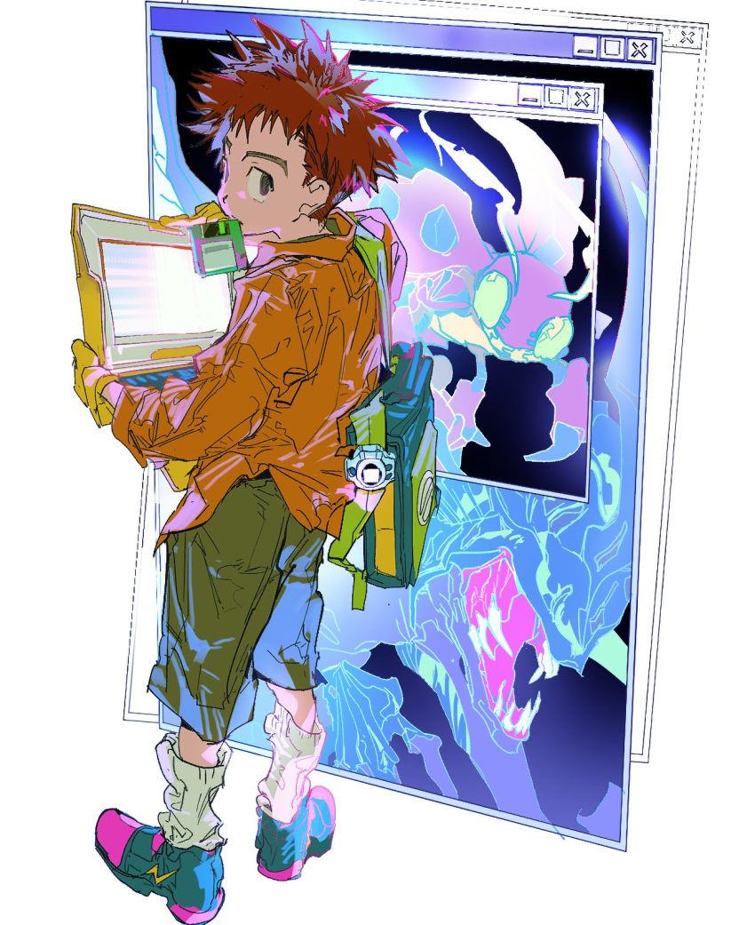 1boy, black_footwear, computer, digimon, digimon_(creature), digimon_adventure, digivice, floppy_disk