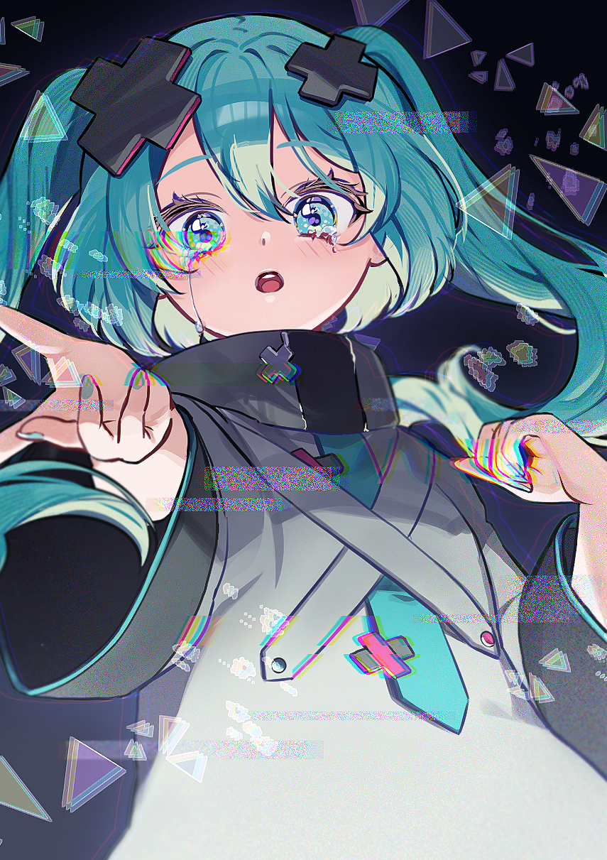 1girl, aqua_eyes, aqua_hair, black_background, commentary_request, cross_hair_ornament, crying, crying_with_eyes_open, dress, enma614_(patidonn), glitch, hair_ornament, hatsune_miku, high_collar, highres, long_hair, long_sleeves, nail_polish, open_mouth, project_sekai, simple_background, solo, streaming_tears, tears, triangle, twintails, upper_body, vocaloid, white_dress