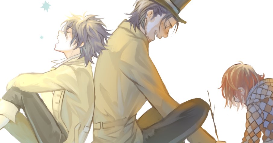 3boys, allen_walker, black_hair, black_pants, blush, boots, brown_hair, checkered_clothes