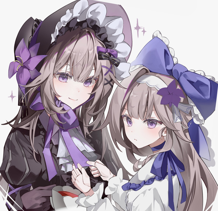 2girls, absurdres, black_bonnet, black_gloves, bonnet, bow, bowtie, brown_hair