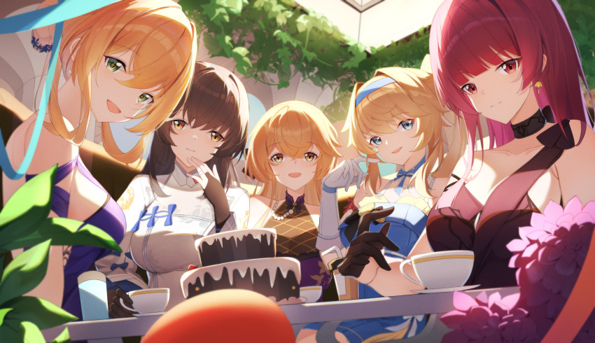 5girls, absurdres, armpit_crease, black_gloves, black_hair, blonde_hair, blue_dress, blue_eyes, braid, braided_bun, breasts, bridal_gauntlets, cake, chinese_commentary, choker, closed_mouth, collarbone, commentary_request, cup, daiyan_(neural_cloud), disposable_cup, dress, earrings, evening_gown, food, girls'_frontline_2:_exilium, girls_frontline, gloves, green_eyes, groza_(girls'_frontline_2), hair_bun, high_ponytail, highres, ivy, jewelry, large_breasts, long_hair, looking_at_viewer, makiatto_(girls'_frontline_2), medium_breasts, medium_hair, multiple_girls, necklace, official_alternate_costume, open_mouth, orange_hair, ots-14_(girls'_frontline), pearl_necklace, pov, purple_dress, purple_hair, red_eyes, ribbon_choker, ring, saucer, sitting, smile, springfield_(girls'_frontline), table, teacup, type_95_(girls'_frontline), vepley_(girls'_frontline_2), wa2000_(girls'_frontline), wan3051, wedding_ring, white_dress, white_gloves, yellow_eyes