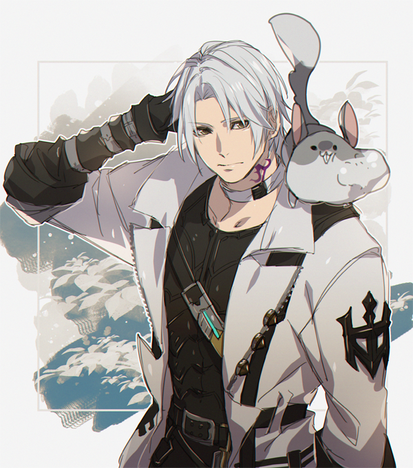 1boy, animal_on_shoulder, archon_mark, arm_behind_head, belt, black_gloves, brown_eyes, chest_belt, choker, coat, cowboy_shot, final_fantasy, final_fantasy_xiv, gloves, hyur, looking_at_viewer, male_focus, neck_tattoo, nutkin, short_hair, solo, squirrel, tattoo, thancred_waters, white_background, white_choker, white_coat, white_hair, yomo_(ym)