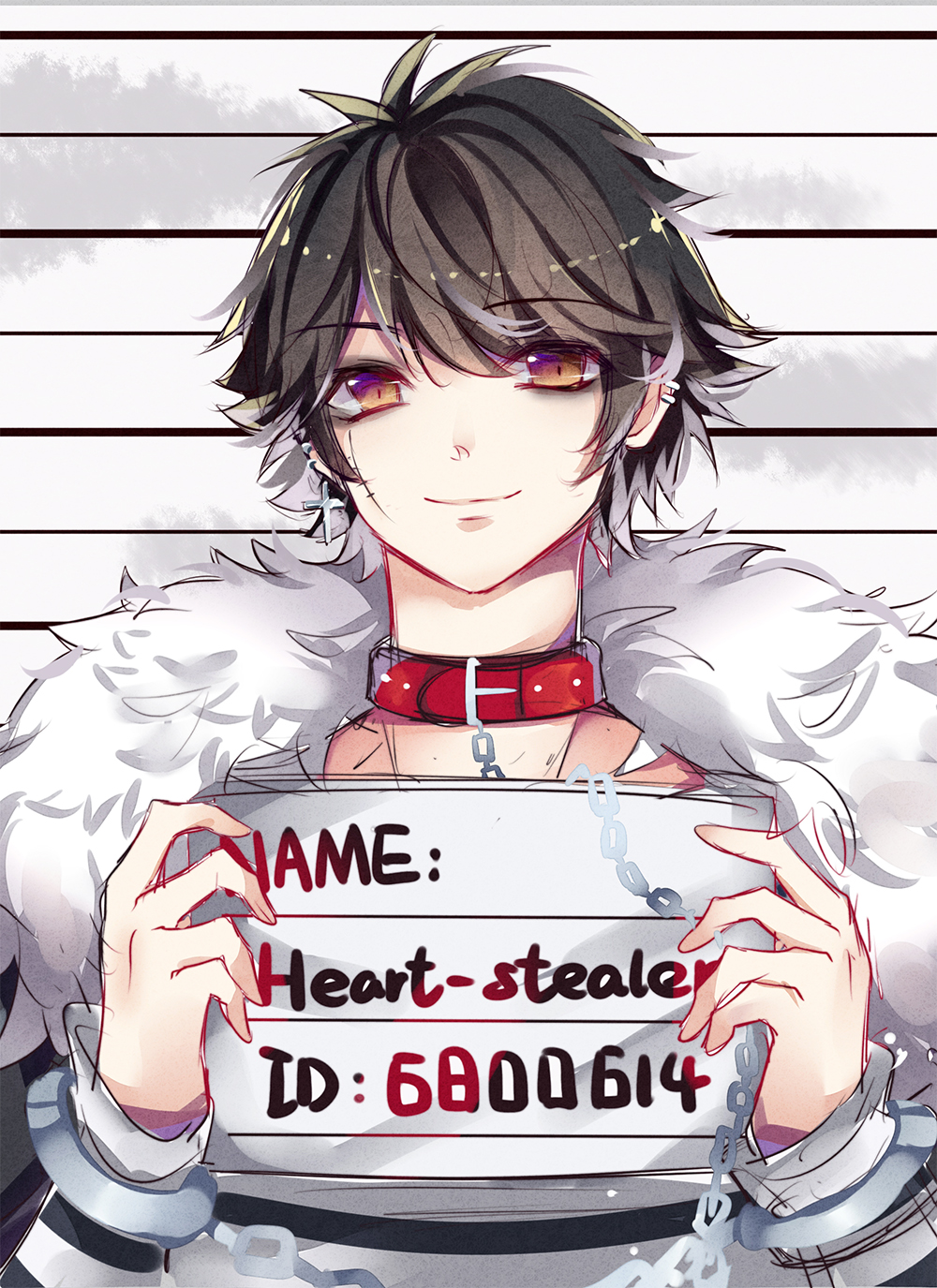1boy, animal_collar, bags_under_eyes, black_coat, black_hair, black_shirt, brown_eyes, buckle