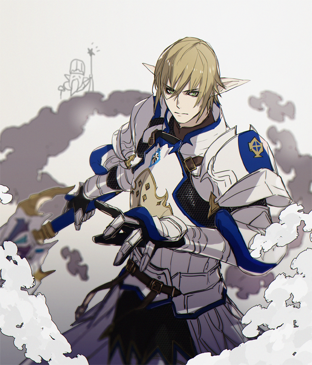 1boy, armor, blonde_hair, breastplate, chainmail, cowboy_shot, elezen, elf