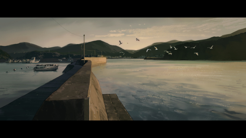 bird, blue_sky, boat, bozu_(ogiyama), buoy, clouds, evening, highres