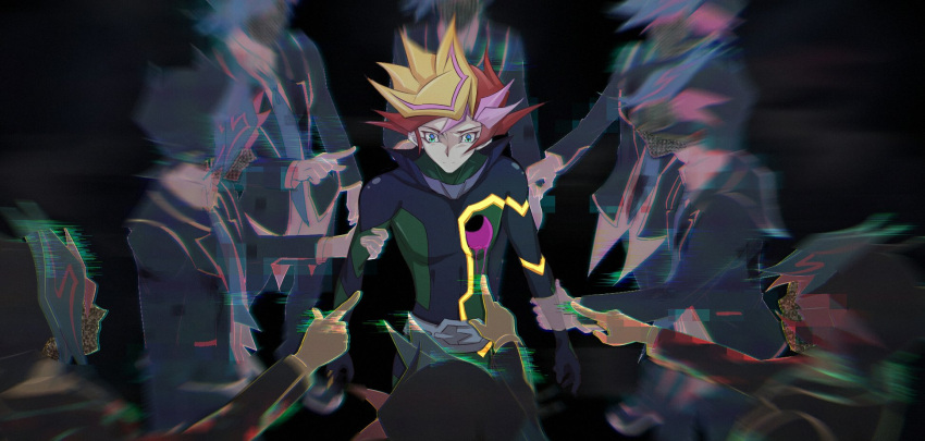 6+boys, accusations, alternate_form, belt, black_background, black_bodysuit, black_hair, black_jacket