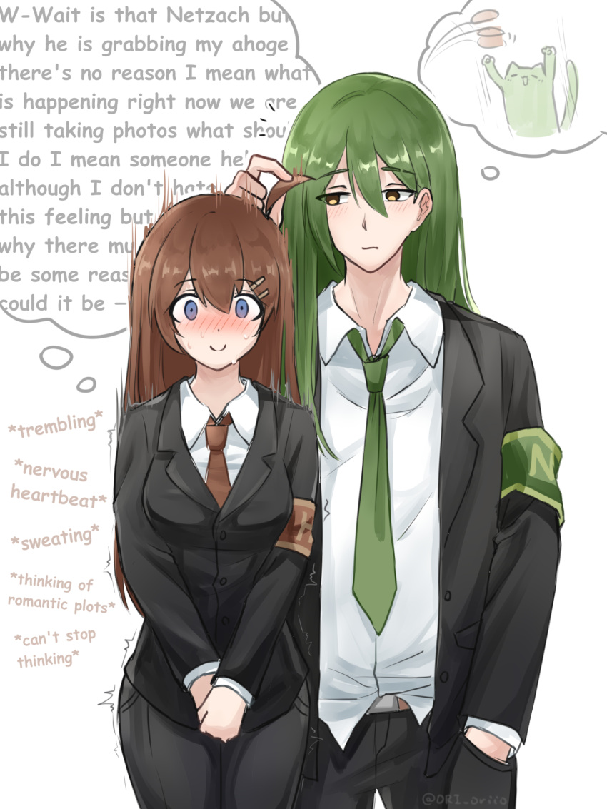 1boy, 1girl, ahoge, armband, belt, black_jacket, black_pants, black_suit