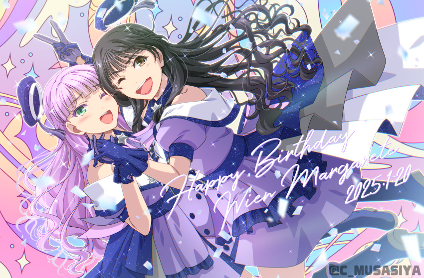 2girls, birthday, black_hair, blush, brown_eyes, character_name, commentary, dated