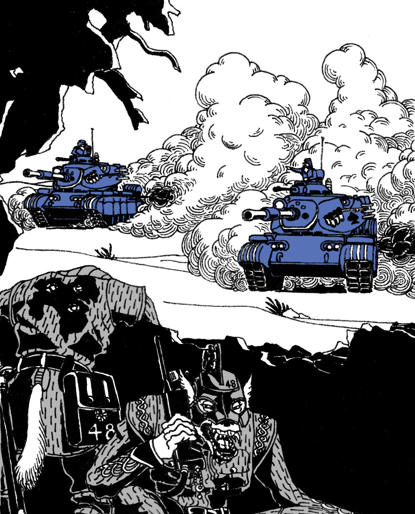 absurdres, ammunition_pouch, animal_ears, blood, blood_on_clothes, caterpillar_tracks, death, exhaust