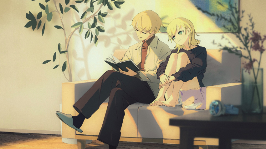 1boy, 1girl, bare_legs, barefoot, black_pants, black_shirt, black_socks, blonde_hair, blue_eyes, book, bright_pupils, brother_and_sister, cat, closed_eyes, comet_(aipri), commentary, cosplay, couch, crossed_legs, flower, head_tilt, highres, himitsu_no_aipri, himitsupuri, holding, holding_book, hoshikawa_mitsuki, hoshikawa_mitsuki_(cosplay), hoshikawa_yakumo, hugging_own_legs, indoors, jacket, knees_up, light_smile, long_sleeves, looking_ahead, medium_hair, on_couch, open_clothes, open_jacket, painting_(object), pants, pet, plant, pretty_series, reading, red_shirt, shirt, short_hair, short_shorts, shorts, siblings, sitting, slippers, socks, table, unworn_bracelet, white_footwear, white_jacket, white_pupils, white_shorts