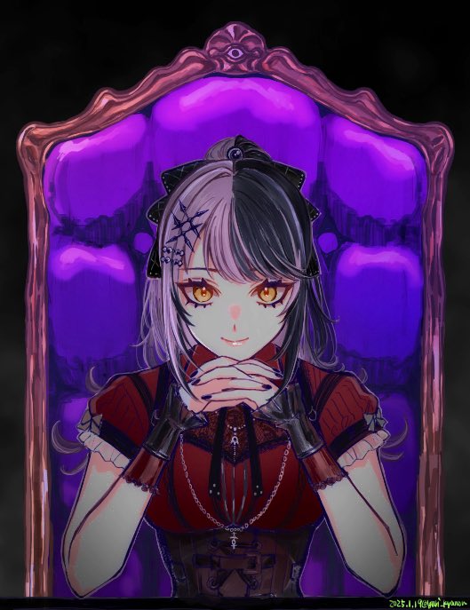 1girl, black_background, black_corset, black_hair, black_nails, closed_mouth, corset, dress, grey_hair, hair_ornament, hair_ribbon, high_ponytail, hololive, hololive_english, interlocked_fingers, jewelry, long_hair, looking_at_viewer, multicolored_hair, necklace, own_hands_together, red_dress, ribbon, shiori_novella, shiori_novella_(3rd_costume), sitting, smile, solo, split-color_hair, two-tone_hair, virtual_youtuber, yellow_eyes, yuri_kyanon