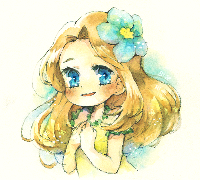1girl, bare_shoulders, blue_eyes, blue_flower, blush, brown_hair, commentary_request, cropped_torso