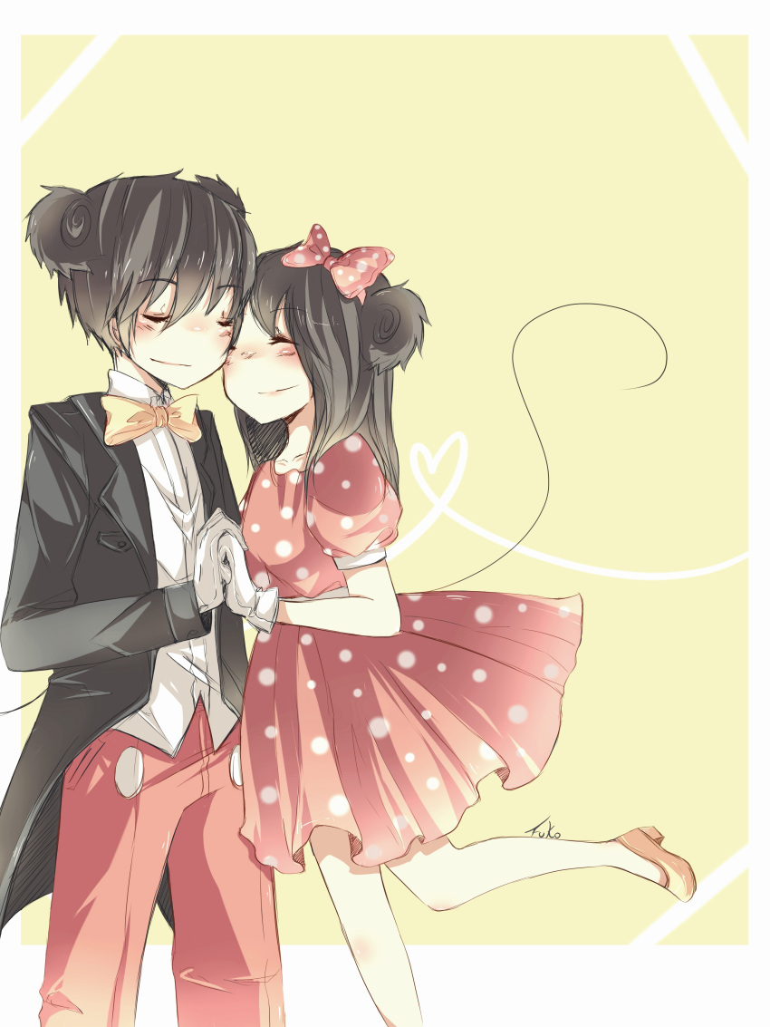 1boy, 1girl, absurdres, animal_ears, black_hair, bow, bowtie, disney, dress, fuko-chan, gloves, hair_bow, highres, humanization, long_hair, looking_at_viewer, mickey_mouse, minnie_mouse, mouse_ears, pants, personification, polka_dot, shirt, short_hair, smile, white_gloves