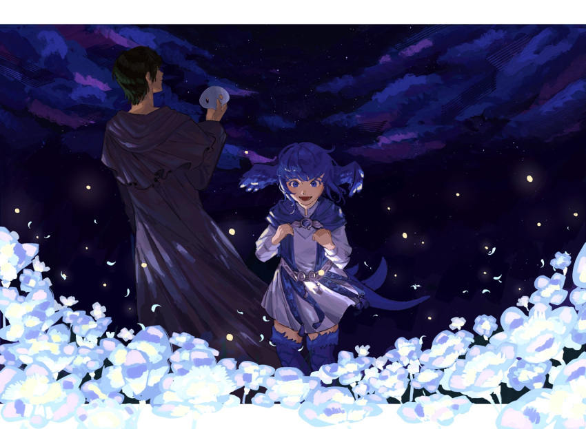 1boy, 1girl, back, black_hair, clouds, dress, elpis_(ff14), feathered_wings