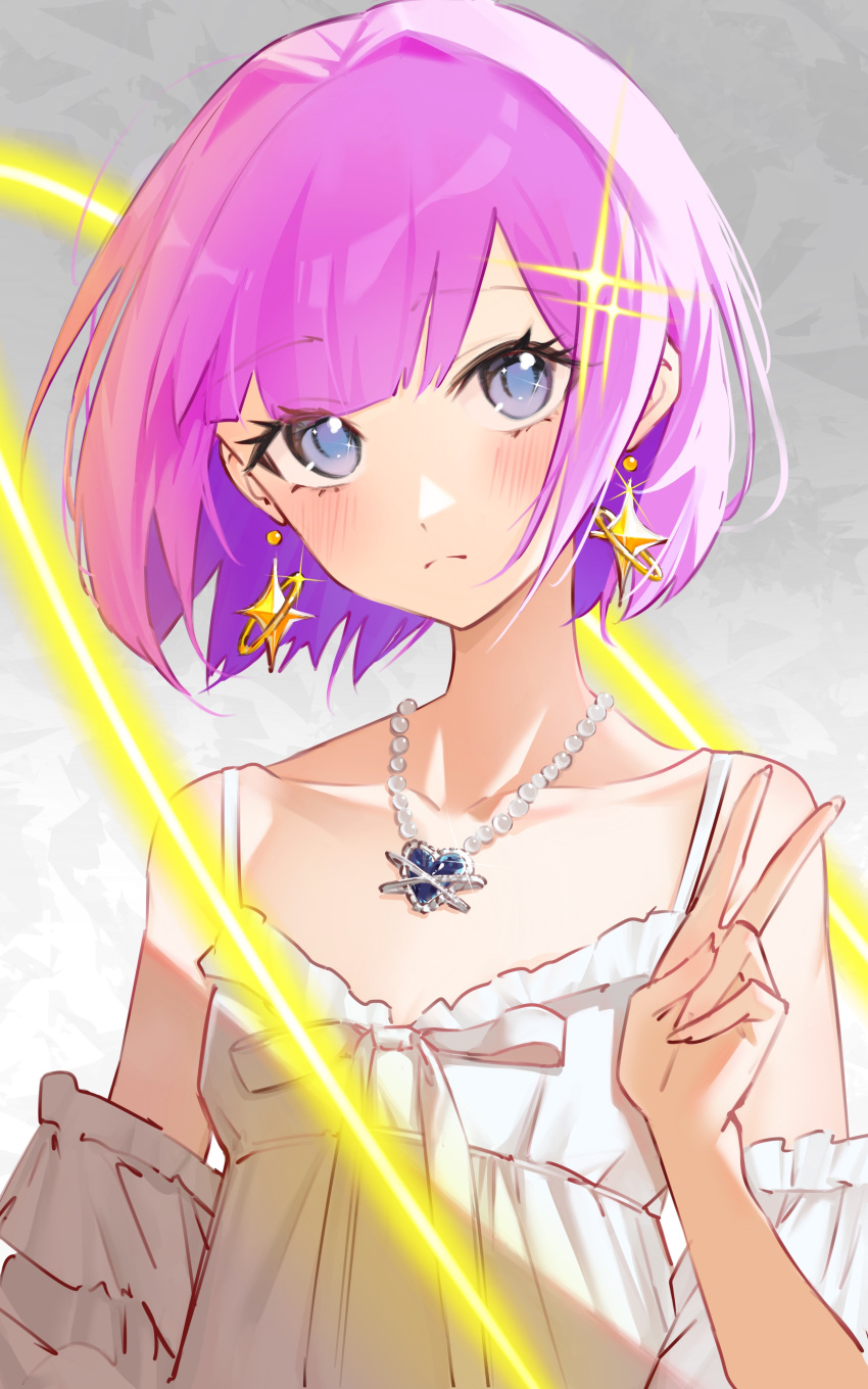 1girl, absurdres, aichry, blue_eyes, closed_mouth, dress, earrings, expressionless, gem, highres, hime_cut, jewelry, looking_at_viewer, necklace, original, pink_hair, simple_background, solo, spaghetti_strap, upper_body, v, white_dress