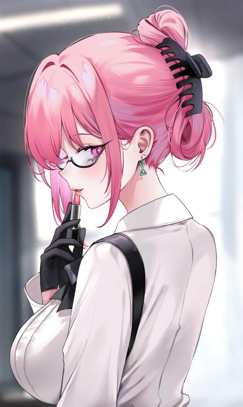 1girl, alternate_hairstyle, applying_lipstick, applying_makeup, blurry, blurry_background, blush, breasts