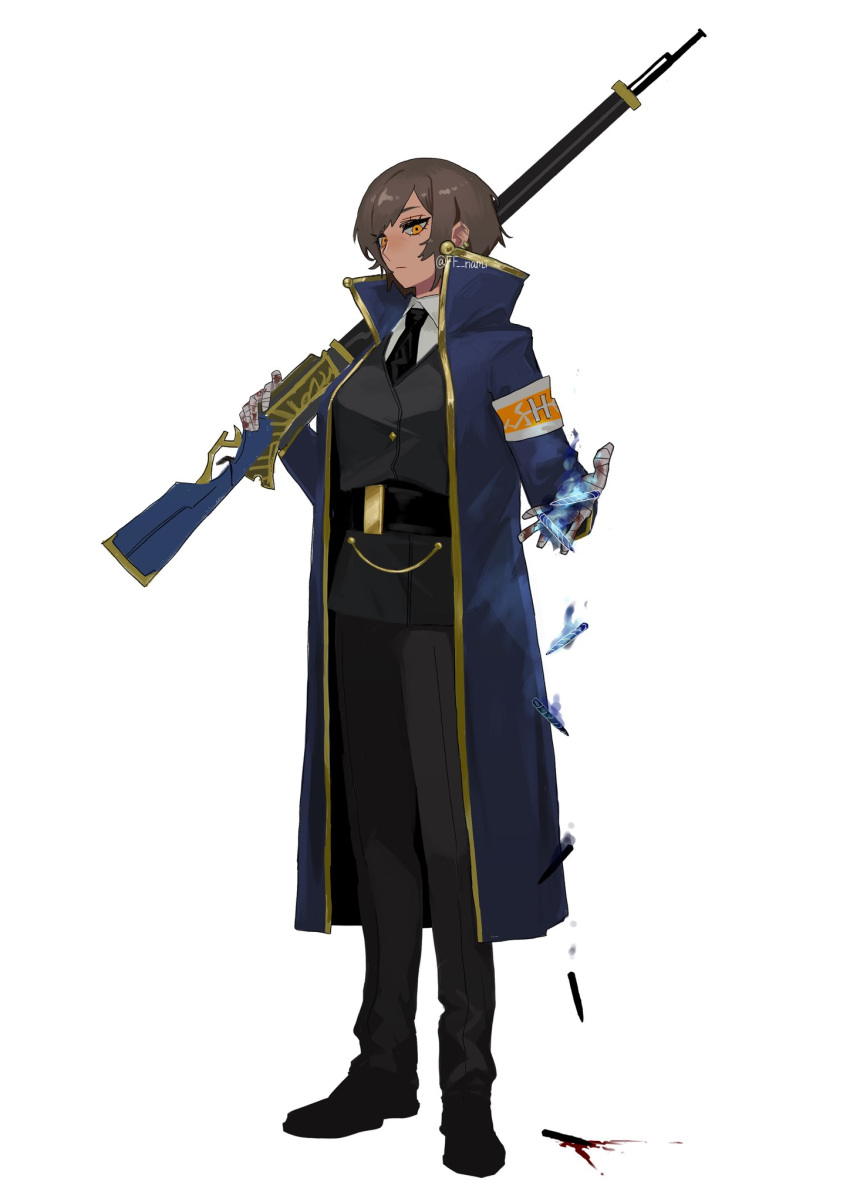 1girl, black_jacket, black_necktie, black_pants, blue_coat, brown_eyes, brown_hair, closed_mouth