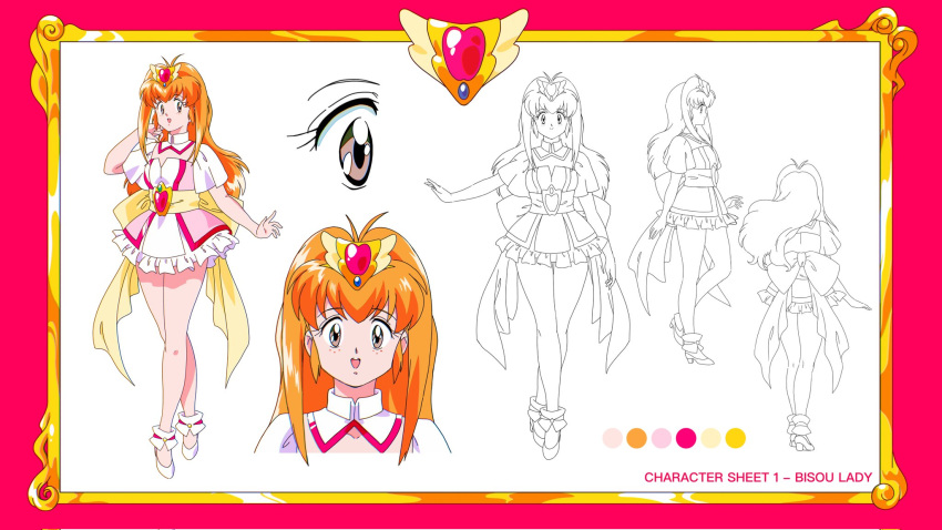 1girl, :d, ai_no_megami:_bisou-lady, antenna_hair, bisouhime, brown_eyes, character_name, color_guide