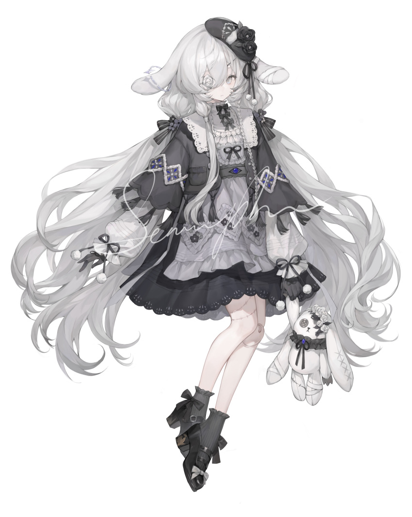 1girl, absurdres, black_dress, black_flower, black_footwear, black_gloves, black_hat, black_socks