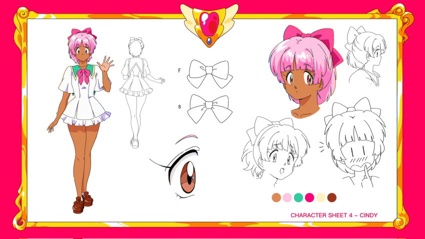 1girl, ai_no_megami:_bisou-lady, bisouhime, border, bow, brown_eyes, character_name, cindy_(ai_no_megami:_bisou-lady)