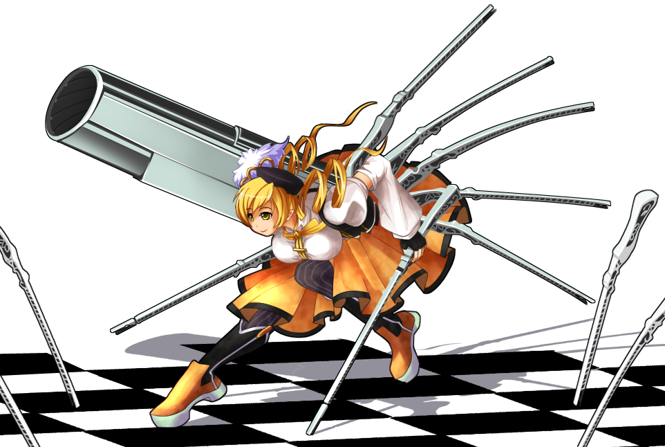 blonde_hair, dress, drill_hair, gloves, gun, hat, huge_weapon, long_hair