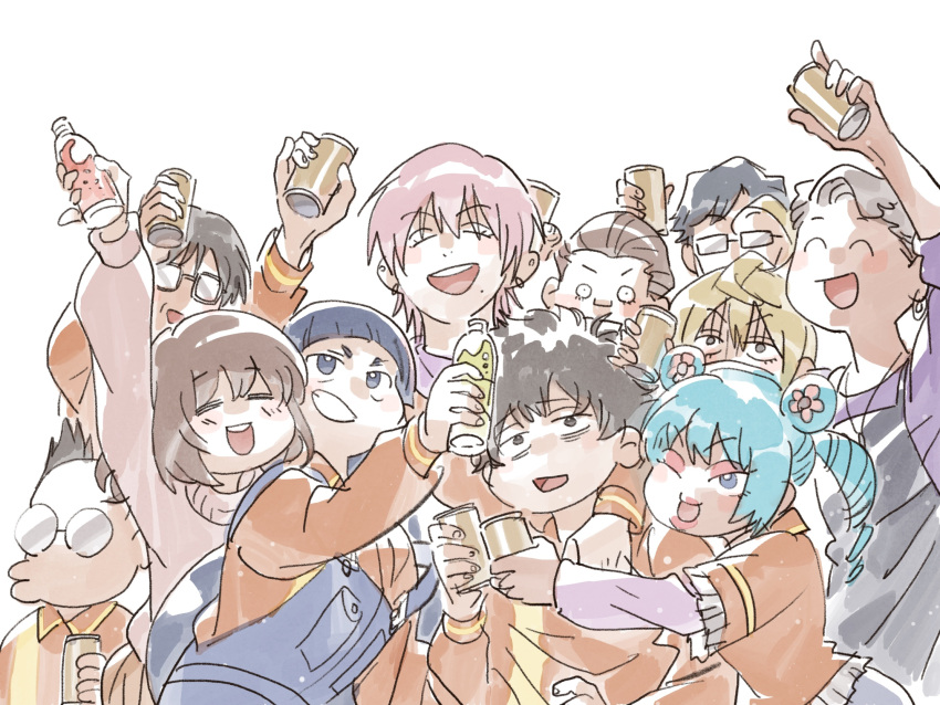 3girls, 6+boys, :d, ;d, ahoge, alua_(negaposi), ane-san_(negaposi), apron