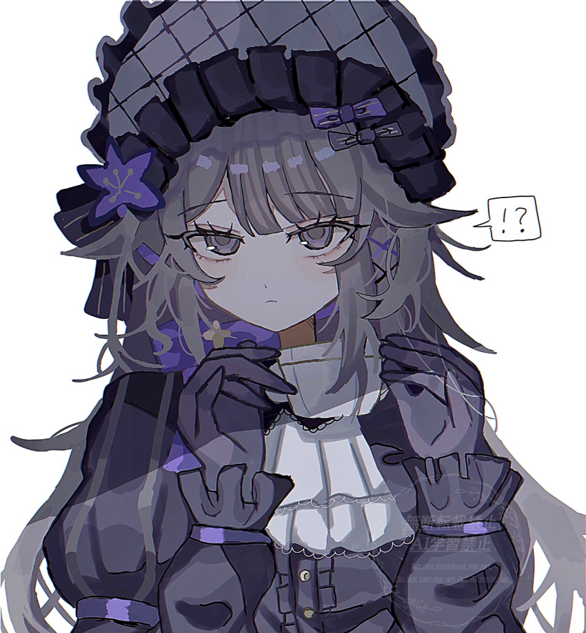 1girl, alternate_costume, ascot, black_bonnet, black_dress, black_gloves, bonnet, bow, brown_hair, cup, dress, flower, frilled_sleeves, frills, gloves, hat, herta_(honkai:_star_rail), highres, holding, holding_cup, honkai:_star_rail, honkai_(series), long_hair, purple_flower, sayu_(r12_34), simple_background, solo, teacup, the_herta_(honkai:_star_rail), violet_eyes, white_ascot, white_background