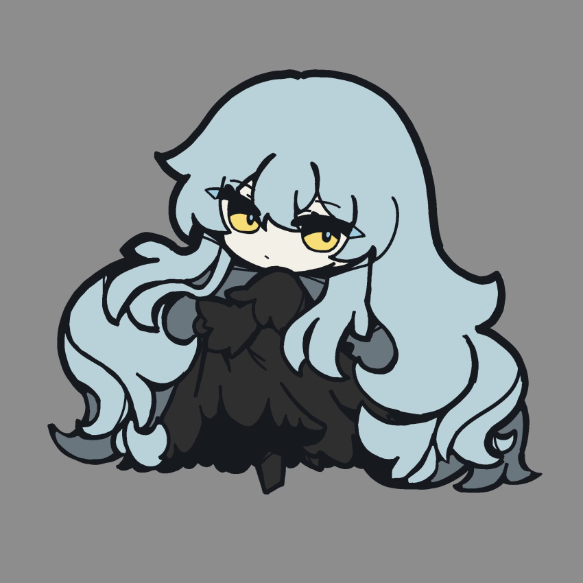1girl, angela_(project_moon), applepie13561, black_dress, black_footwear, black_gloves, blue_hair, closed_mouth