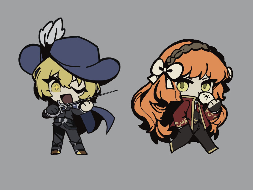 2girls, applepie13561, baozi, black_pants, black_vest, blonde_hair, blue_cape, blue_hat