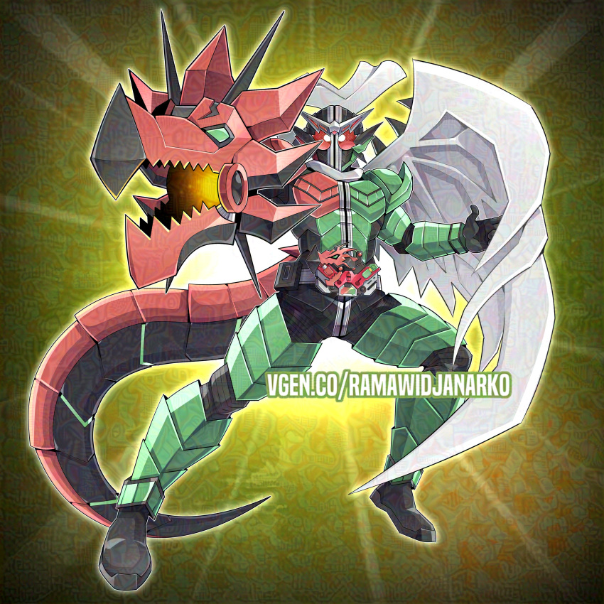 1boy, absurdres, arm_cannon, armor, black_helmet, cosplay, double_driver, duel_monster