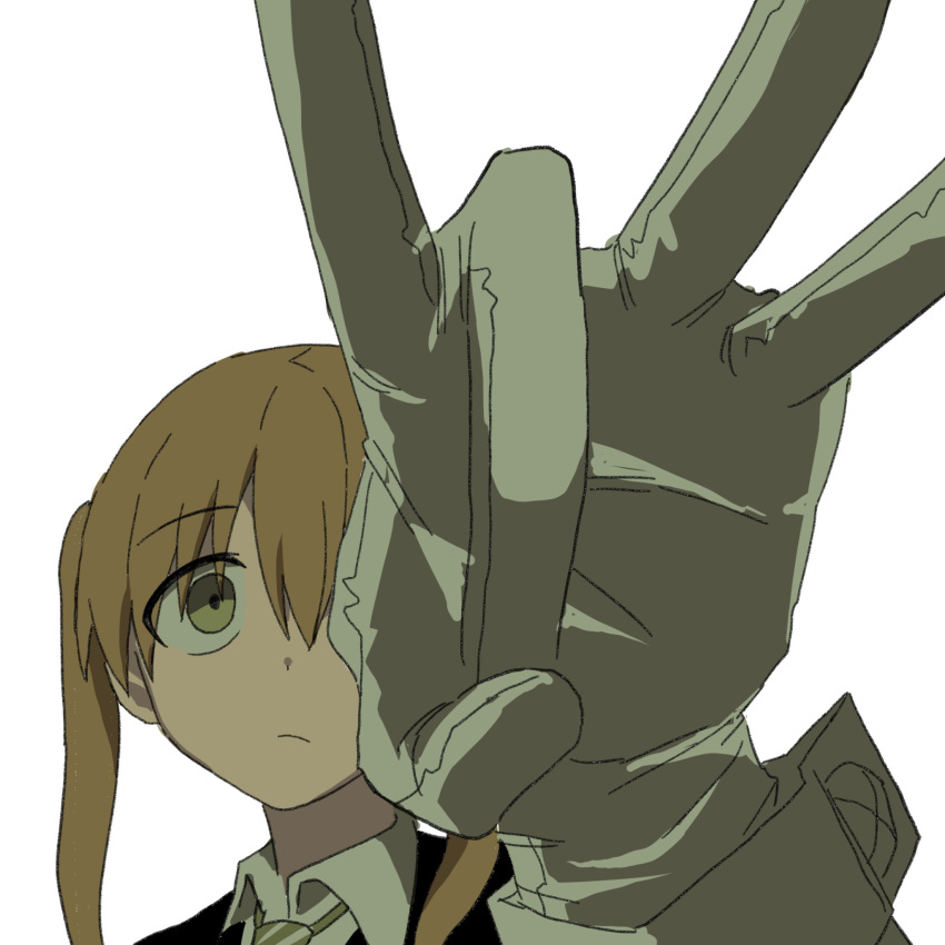 1girl, black_coat, closed_mouth, coat, diagonal-striped_clothes, diagonal-striped_necktie, gloves, green_eyes, green_necktie, highres, long_sleeves, looking_at_viewer, maka_albarn, necktie, poopoopoppopoo, simple_background, solo, soul_eater, striped_clothes, white_background, white_gloves, wrist_cuffs
