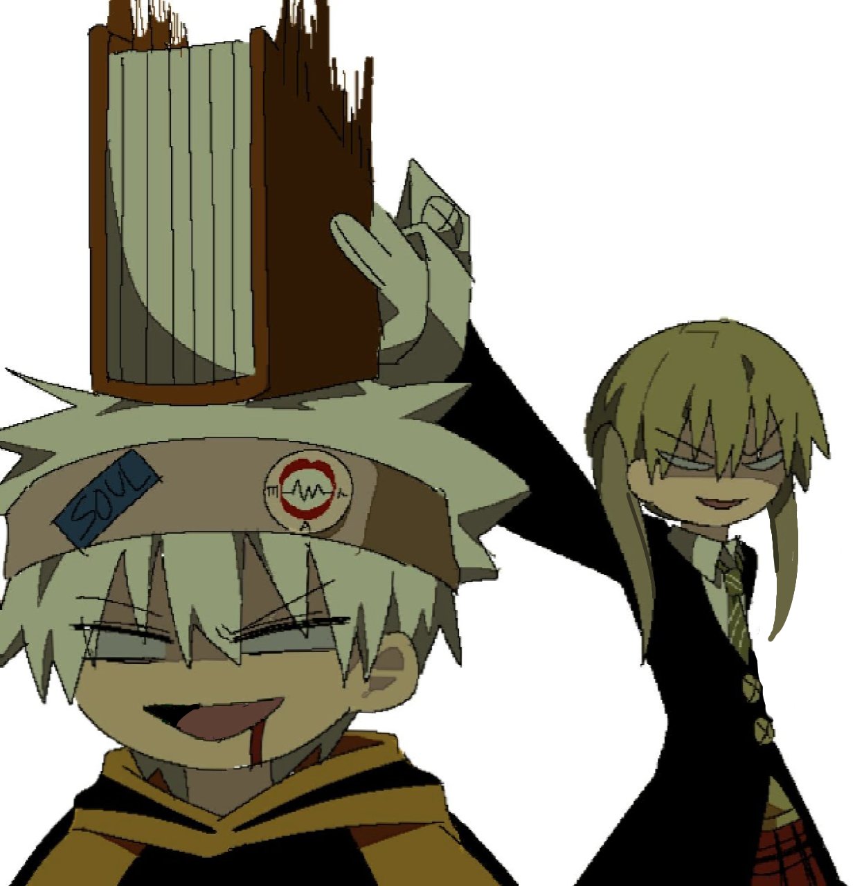 1boy, 1girl, black_coat, blonde_hair, book, brown_hairband, coat, gloves