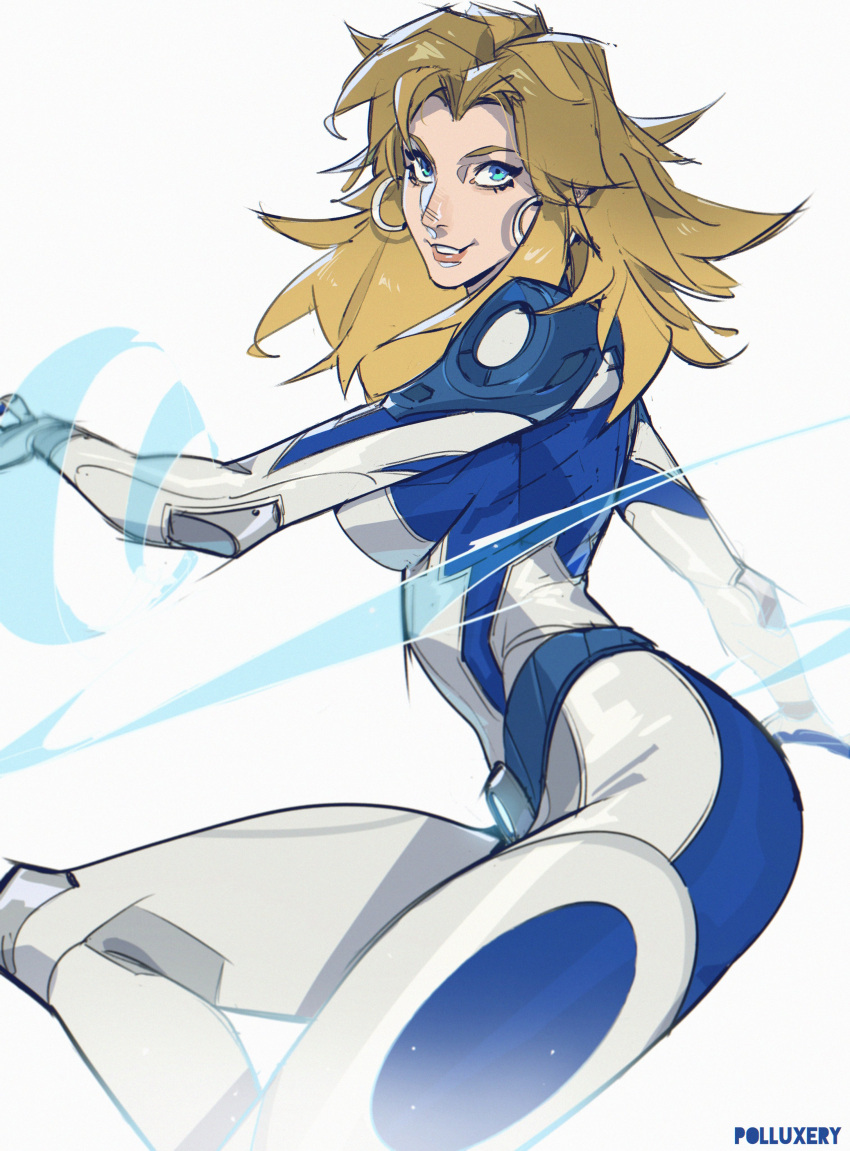 1girl, absurdres, blonde_hair, blue_bodysuit, blue_eyes, bodysuit, breasts, earrings, fantastic_four, highres, jewelry, long_hair, looking_at_viewer, marvel, marvel_rivals, polluxery, simple_background, smile, solo, sue_storm, superhero_costume, two-tone_bodysuit, white_background, white_bodysuit