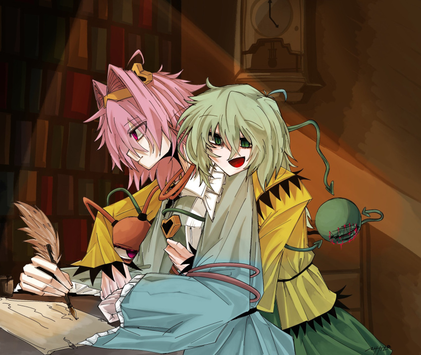 2girls, 3rdeye_suki, calligraphy_brush, dress, frilled_dress, frills, green_eyes, green_hair