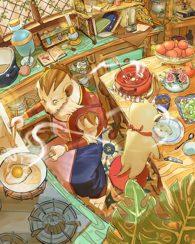 2boys, afk_(series), afk_journey, blue_pants, chopsticks, cooking, egg_(food), food, furry, furry_male, holding, holding_chopsticks, holding_pan, kitchen, looking_at_reflection, male_focus, meerkat_boy, meerkat_ears, meerkat_tail, multiple_boys, namsinh_04, neckerchief, on_chair, pants, red_neckerchief, red_vest, reflection, smoke, standing, stove, table, vest