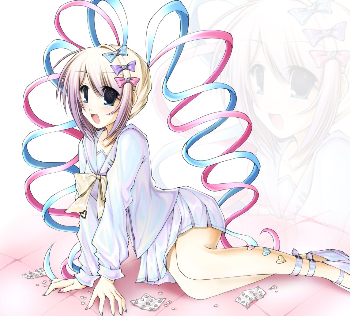 2000s_(style), blonde_hair, blue_eyes, bow, chouzetsusaikawa_tenshi-chan, hair_bow, multiple_hair_bows, needy_girl_overdose, pill, ponymoe, school_uniform, serafuku, smile, twintails