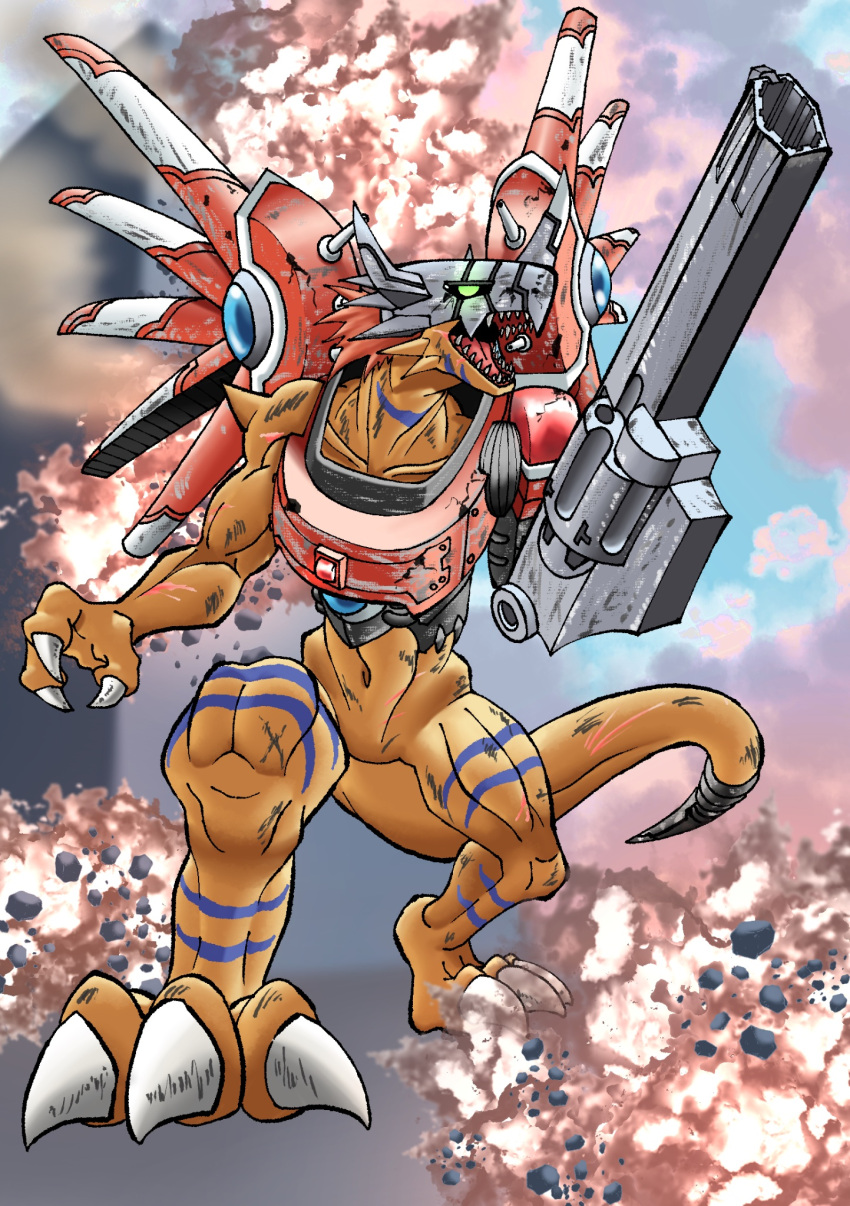 arm_cannon, armor, cyborg, digimon, digimon_(creature), dinosaur, explosion, full_body