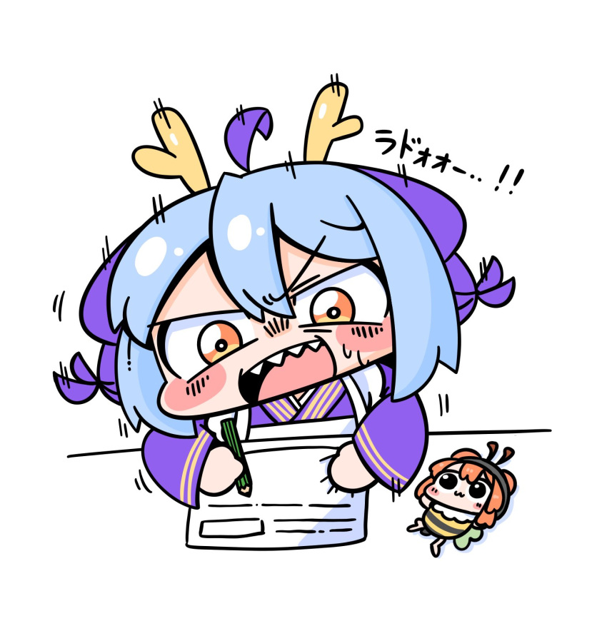 1girl, 2girls, :3, academic_test, ahoge, blue_hair, blue_kimono, buraninn