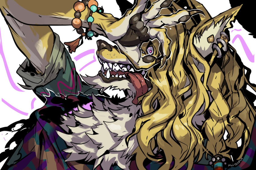 1boy, artist_name, bead_bracelet, beads, blonde_hair, bracelet, claws, coyote_boy
