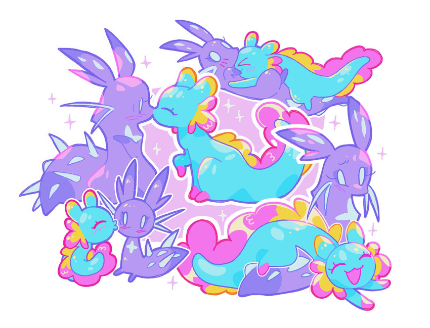 >_<, axolotl_ears, axolotl_tail, blue_fur, blush, closed_eyes, creature, cuddling