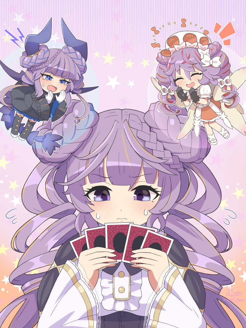 3girls, absurdres, angel_wings, angello_vaalmonica, blue_eyes, braid, braided_bun, card