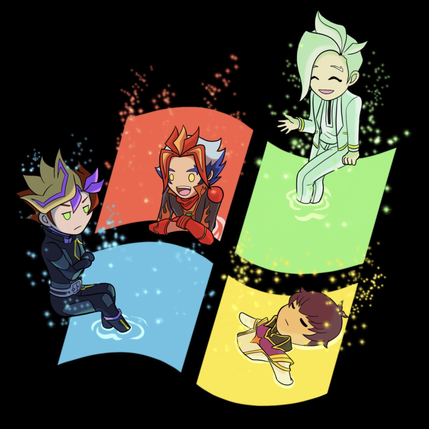 4boys, alternate_form, black_background, black_bodysuit, blonde_hair, bodysuit, chibi, closed_eyes, crossed_legs, elbow_gloves, facing_another, facing_to_the_side, facing_viewer, fujiki_yusaku, gloves, green_bodysuit, hand_on_ground, hand_up, highres, homura_takeru, invisible_chair, jacket, kusanagi_jin, laughing, looking_at_another, male_focus, military_uniform, multiple_boys, open_mouth, outstretched_arms, pants, parted_hair, playmaker_(yu-gi-oh!), popped_collar, purple_hair, purple_trim, red_gloves, shirt, sitting, sleeping, solid_circle_eyes, solid_eyes, soulburner, sparkle, spectre_(yu-gi-oh!), two-tone_background, user_ynu2444, white_jacket, white_pants, white_shirt, windows_logo, yellow_trim, yu-gi-oh!, yu-gi-oh!_vrains