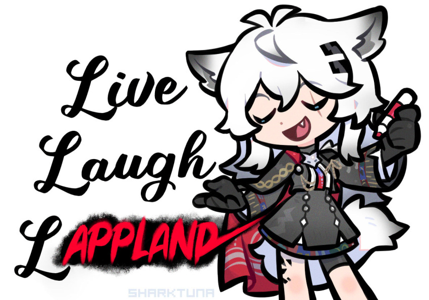 1girl, :d, animal_ears, arknights, artist_name, black_gloves, black_jacket, character_name, closed_eyes, cowboy_shot, fang, gloves, graffiti, grey_hair, hair_ornament, hairclip, holding, holding_marker, jacket, lappland_(arknights), lappland_the_decadenza_(arknights), live_laugh_love, long_hair, marker, material_growth, necktie, official_alternate_costume, oripathy_lesion_(arknights), red_necktie, scar, scar_across_eye, sharktuna, simple_background, smile, solo, standing, white_background, wolf_ears, wolf_girl